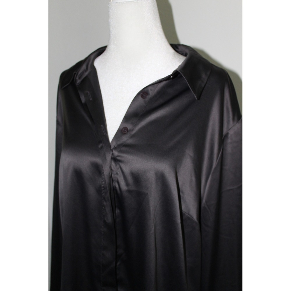 Lane Bryant‎ Black Satin Button Down Shirt Long Sleeve Stretch Blouse Size 14 - Picture 2 of 9